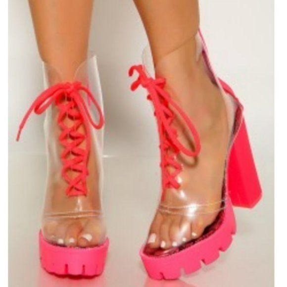 Clear Lace Up Lug Sole Booties in Pink Snake - Picture 5 of 7